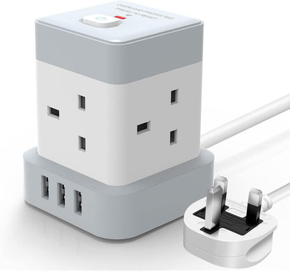 4M 4Gang Cube Extension Lead with 3 USB-A Ports, Overload Protect