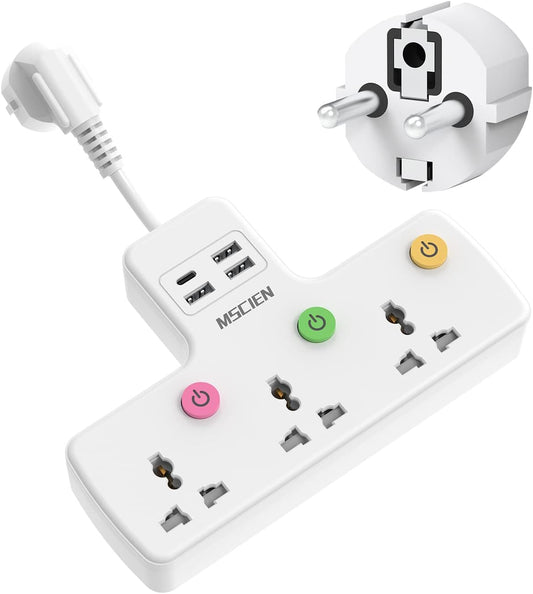 UK To EU Travel 5CM 3Gang Extension Lead with 3 USB-A and 1 USB-C, with Individual Switched