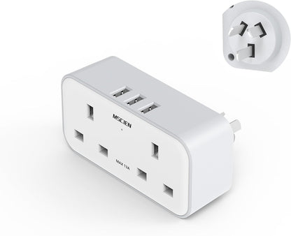 UK to Australia 2Gang Plug Adaptor With 3 USB-A, Grounded Australian China New Zealand from UK