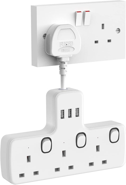 5CM 3Gang Plug Adaptor with 3 USB-A, Individual Switches