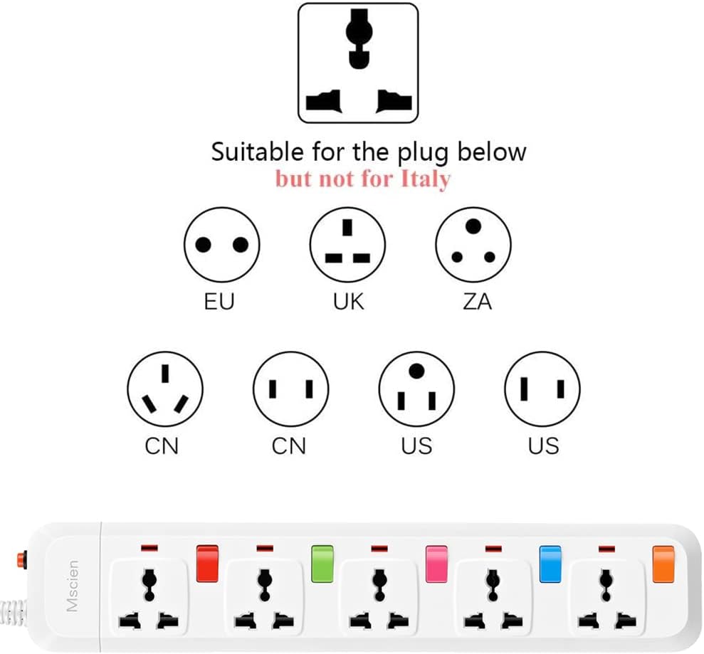 UK To EU Travel 1.8M 5Gang Extension Lead, Individual Switched