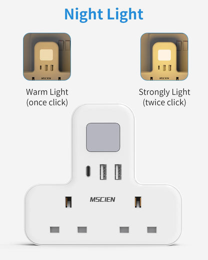 2Gang Plug Adaptor with USB (1USB-C, 2 USB-A), with Night Light, Overload Protect