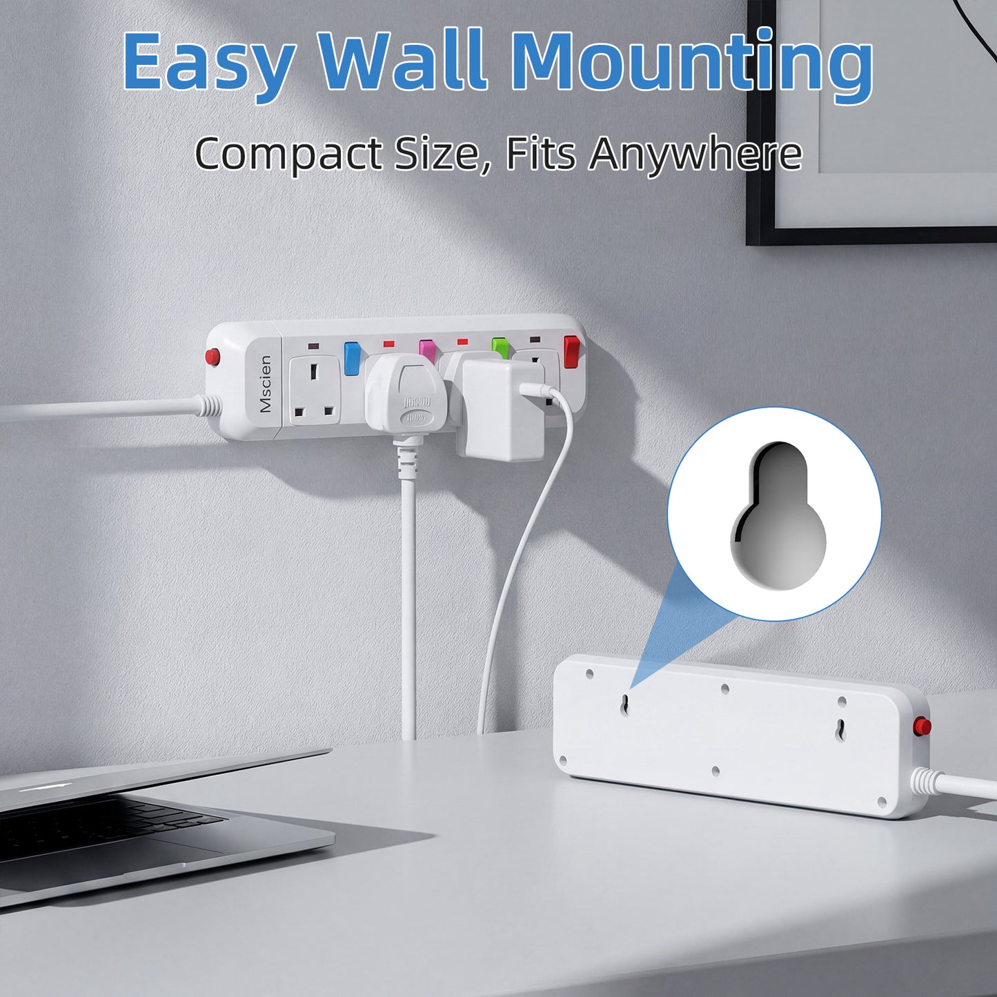Mscien Extension Lead 1M 4 Way Wall Mounted, 1M Extension Lead Switched with Multiple Protection, Fused Power Strip 4 Sockets White, 2500W Extension Cord
