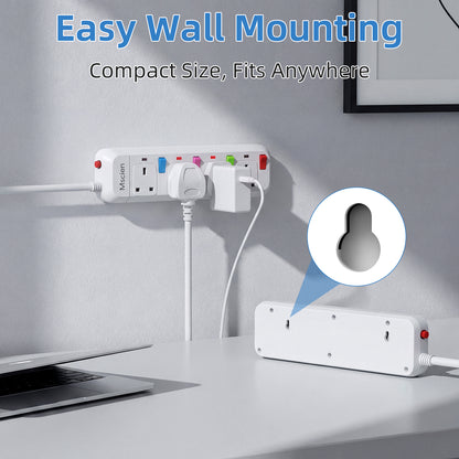 Mscien Extension Lead 1M 4 Way Wall Mounted, 1M Extension Lead Switched with Multiple Protection, Fused Power Strip 4 Sockets White, 2500W Extension Cord