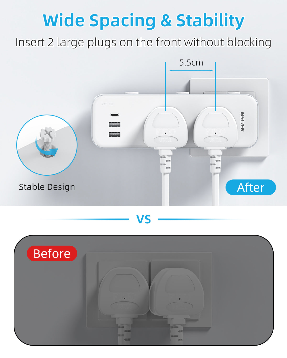Mscien Double Plug Adaptor with 3 USB,Plug Extension Socket with Independent Switches,UK 13A Fuse 2 Way Multi Plug Power Extender,315 Degree Rotating Design for Home, Office, Dorm