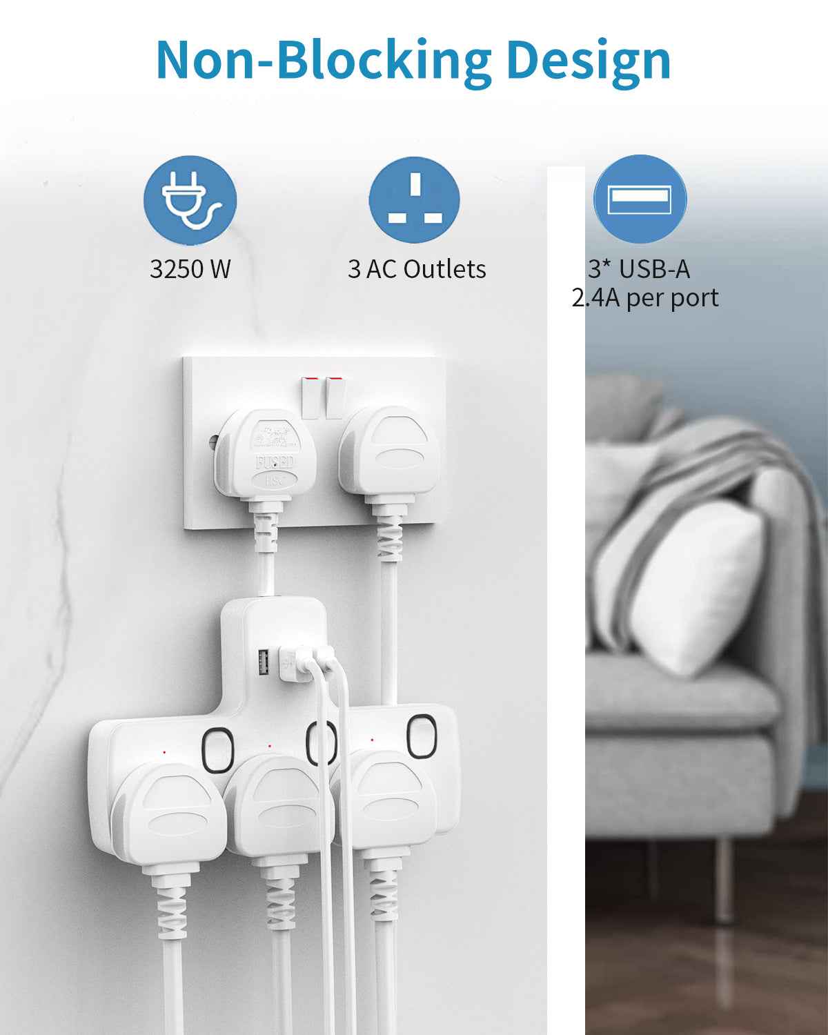 Mscien Multi Plug Adaptor, Plug Socket Extension with USB Slots,3 Way Individually Switched Plug Adapter, Wall Socket Extension Plug Extender