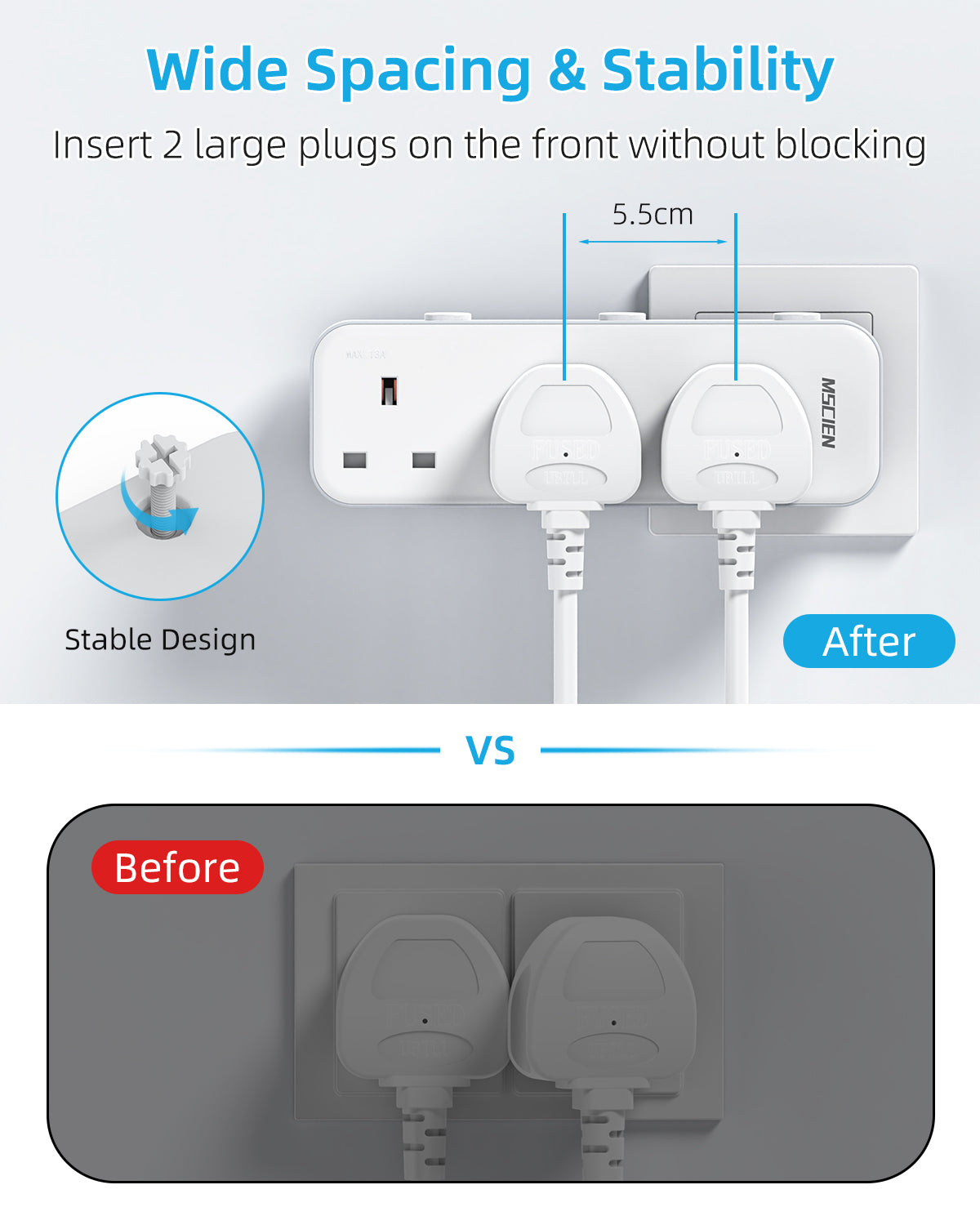 Mscien Multi Plug Extension Socket,3 Way Plug Adaptor With Independent Switches,Wall Socket Plug Extender with 315 Degree Rotation Plug,UK 13A Fuse Power Extender for Home, Kitchen, Office