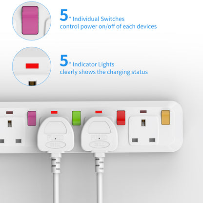 6M Long Extension Lead with Switches, Mscien 5 Way Extension Socket Surge Protected Overload Extension Cable, UK Power Strip Mountable with 6 Metre Extension Cord, 5 Gang Multi Plug