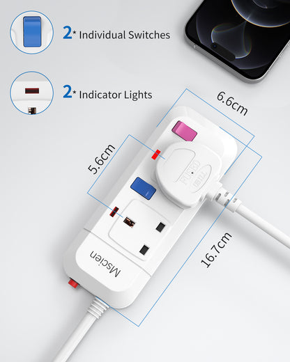 Mscien 5M Extension Lead 2 Way Plug Sockets with Individual Switches Overload Protected Power Strip Wall Mountable 5 Metre Long Extension Cable