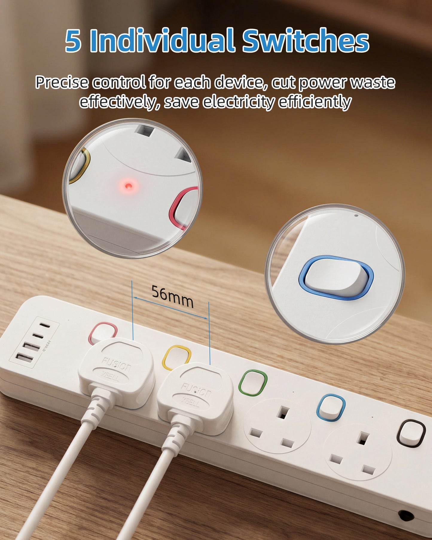 Mscien Extension Lead with USB Slots 2M, 4 Way Switched Extension Lead with Wall Mount, Overload Protection Power Strip, USB-C Slots, for Home, Office, 13A/3250W