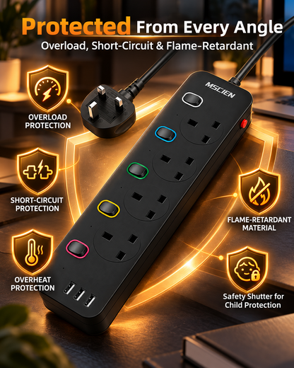Mscien Extension Lead with 3 USB Slots 3M Black Individual Switched, 3250W