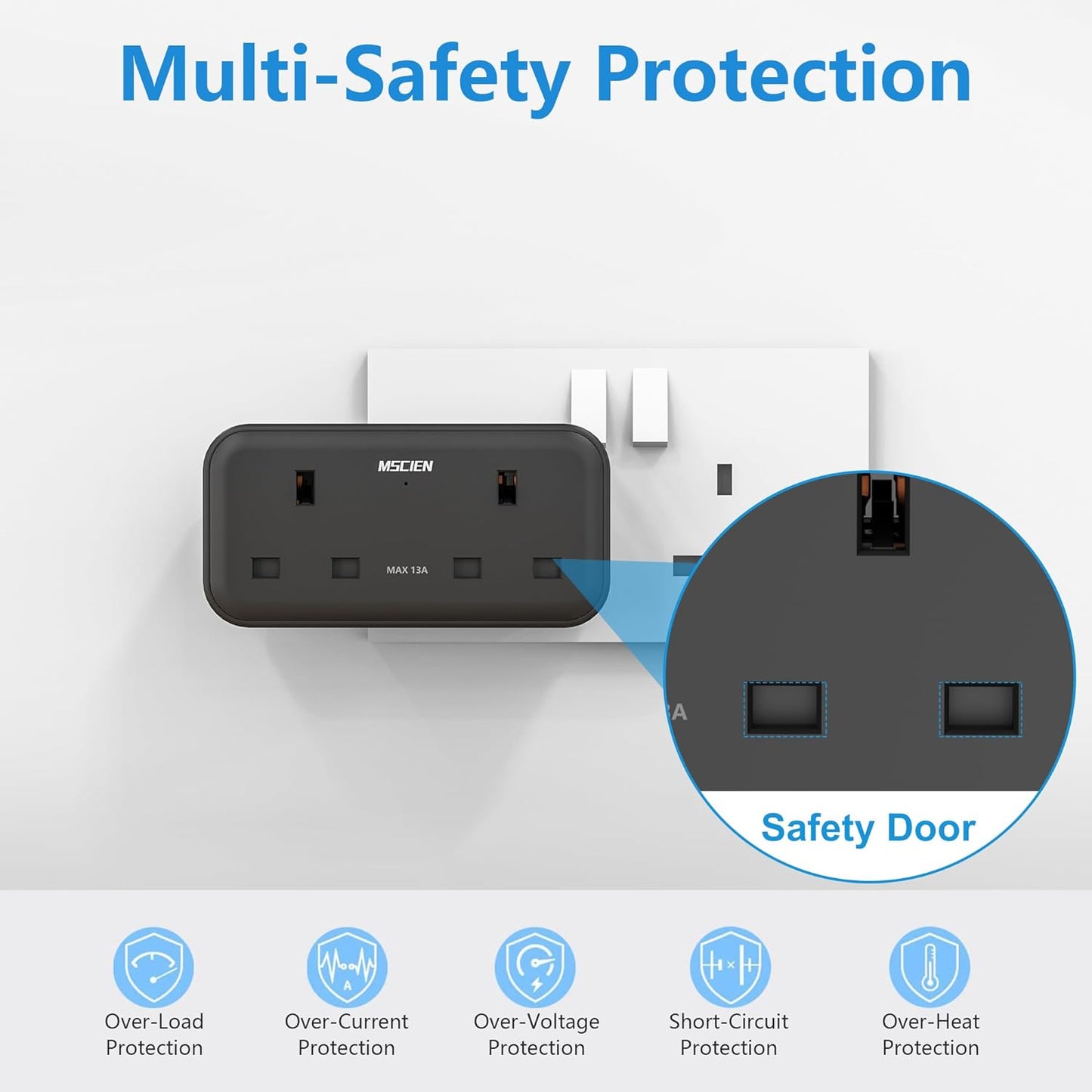 2Gang Plug Adaptor with 3 USB-A, Black, Overload Protection