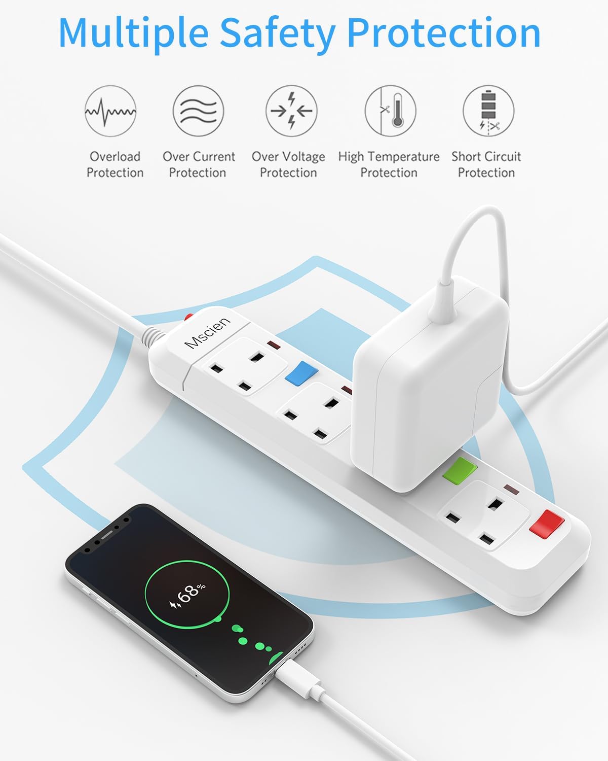 Mscien Extension Lead 1M 4 Way Wall Mounted, 1M Extension Lead Switched with Multiple Protection, Fused Power Strip 4 Sockets White, 2500W Extension Cord