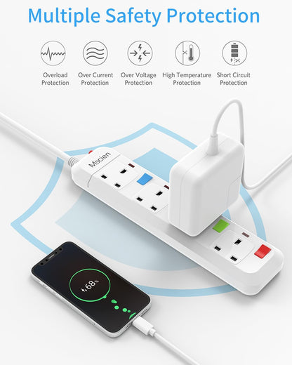 Mscien Extension Lead 1M 4 Way Wall Mounted, 1M Extension Lead Switched with Multiple Protection, Fused Power Strip 4 Sockets White, 2500W Extension Cord