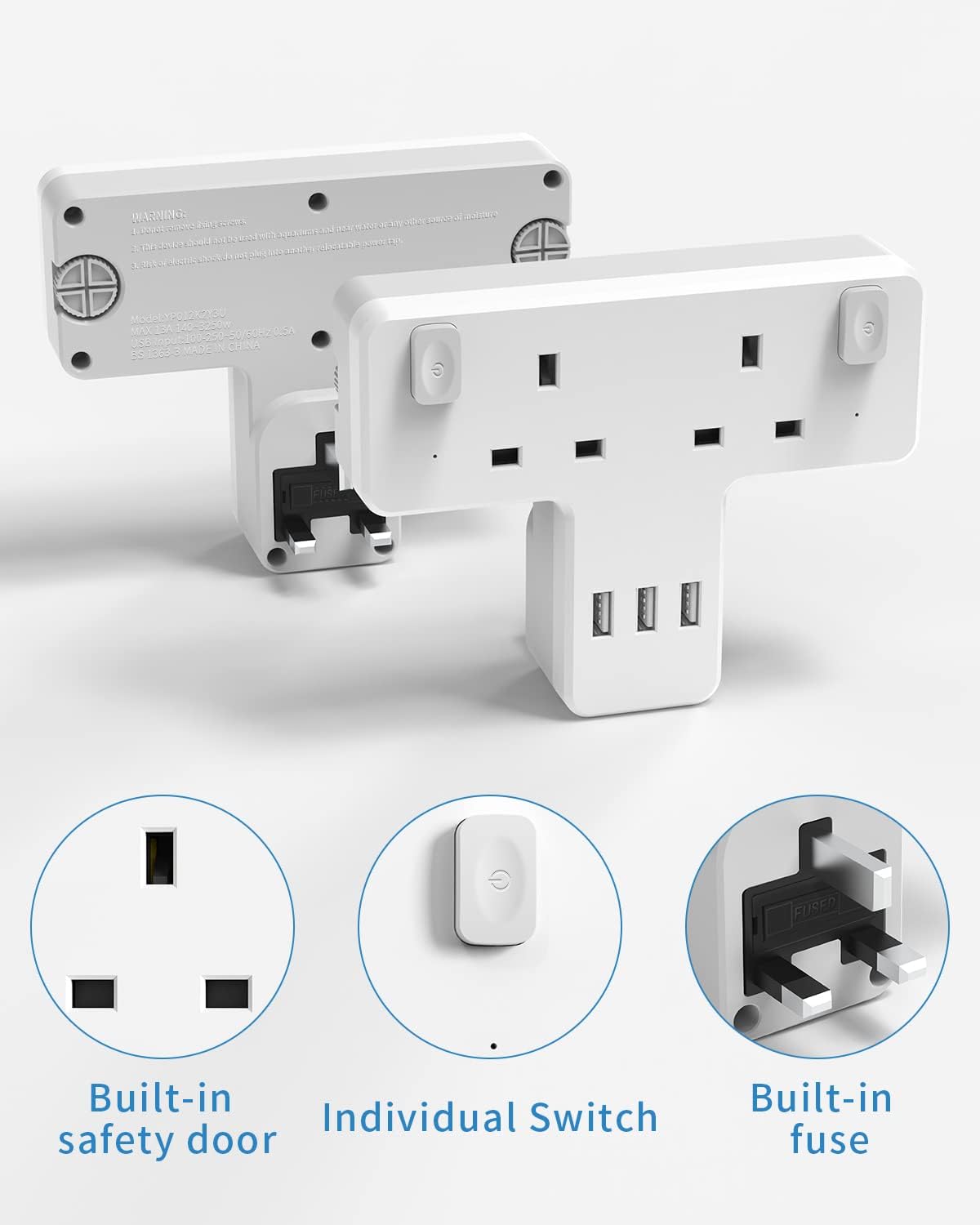 2Gang Plug Adaptor with 3 USB-A Slots, with Individual Switch