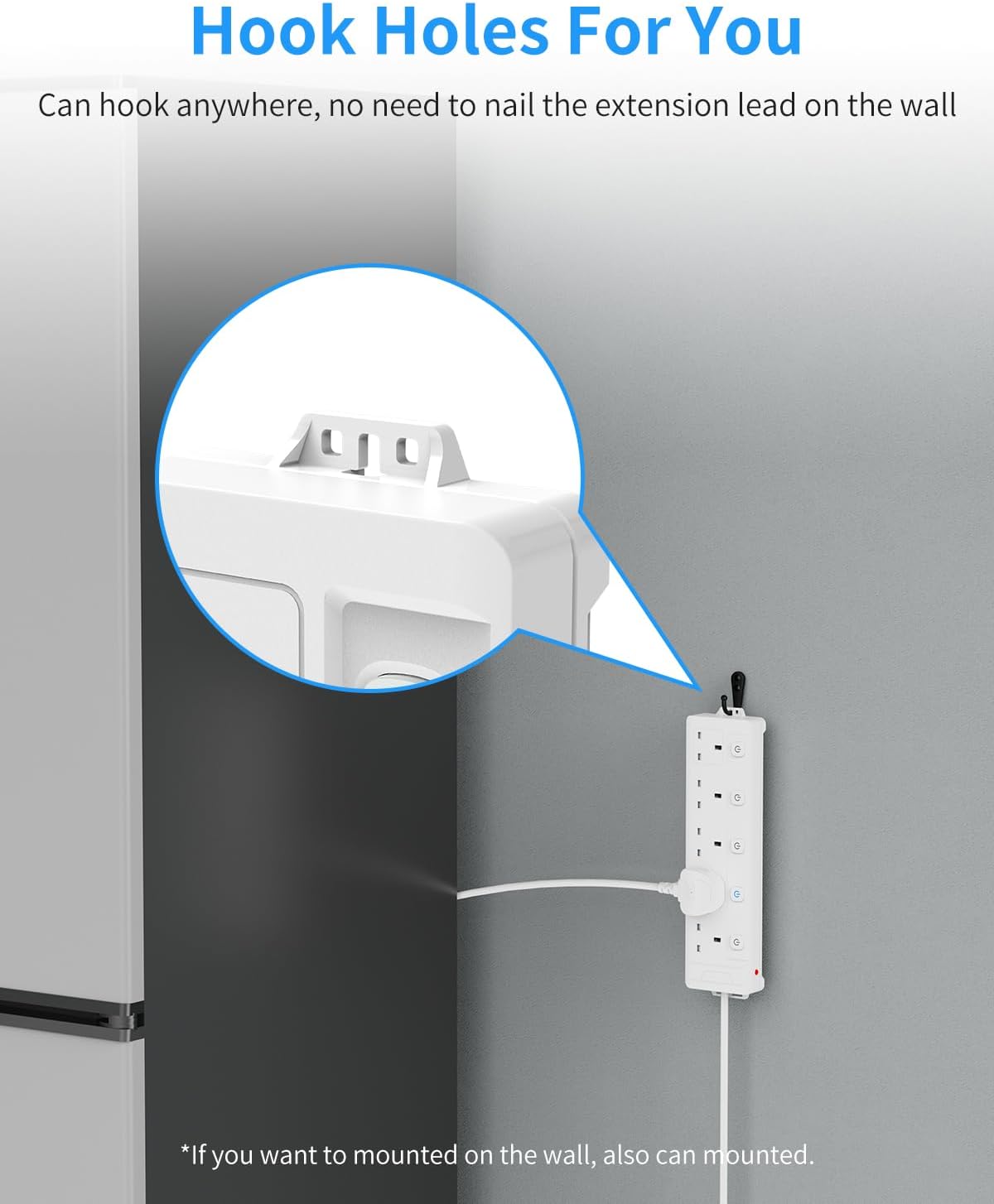 5M 5Gang Extension Lead with Individually Switched, with Wall Mounted, Overload Protect