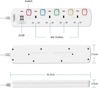 4M 4Gang Extension Lead with 2 USB-A Slots, with Individual Switches, Mountable Power strip