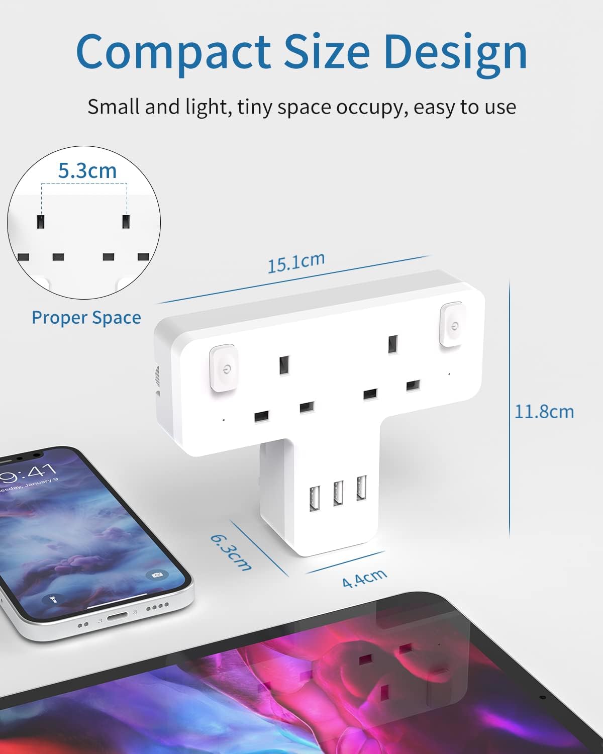 2Gang Plug Adaptor with 3 USB-A Slots, with Individual Switch