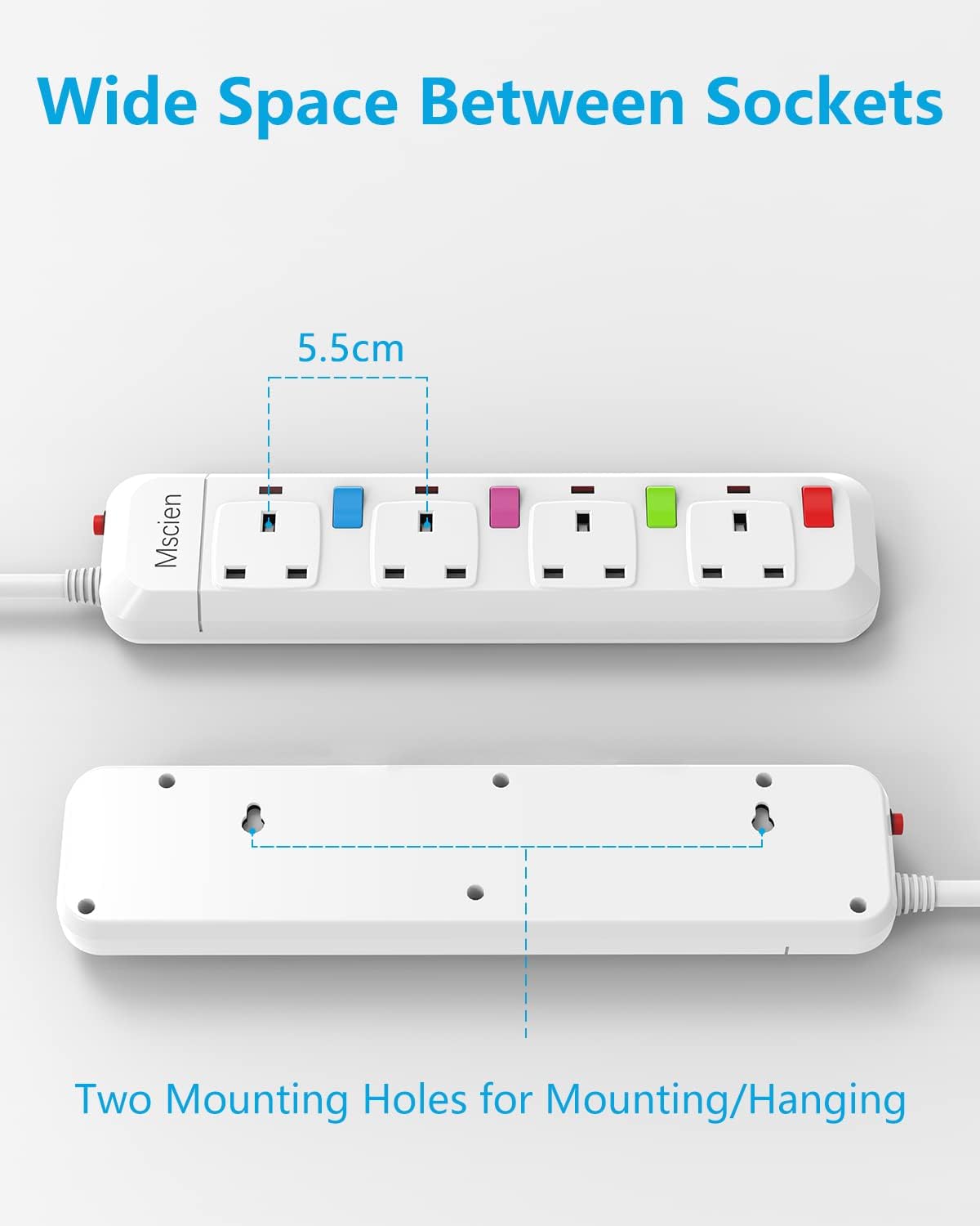 1.8M 4Gang Extension Lead with Switches, Overload Protection, Surge Protection, Wall Mountable