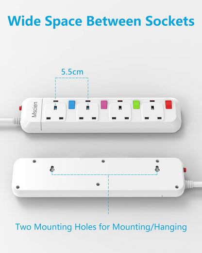 1.8M 4Gang Extension Lead with Switches, Overload Protection, Surge Protection, Wall Mountable