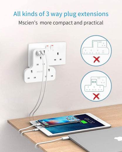 3Gang Plug Adaptor with 3 USB-A, Surge Protection