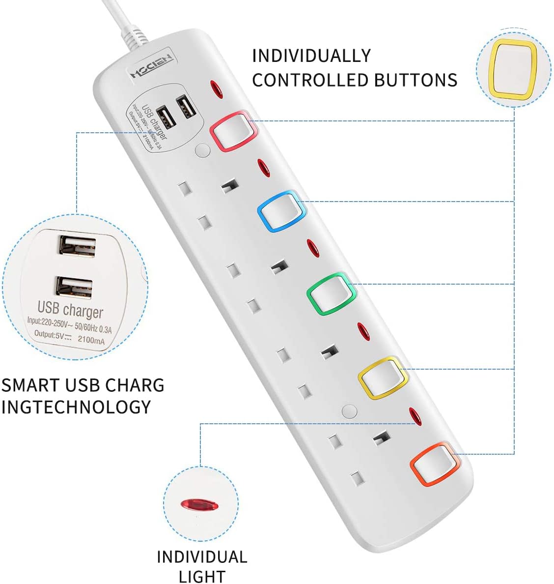 2M 4Gang Extension Lead with 2 USB-A, individually Switched with Indicator