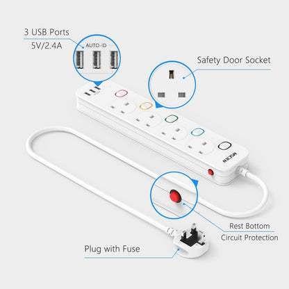 1.8M 4Gang Extension Lead with 3 USB-A Slots, with Individual Switches, Mountable, Overload Ptotection