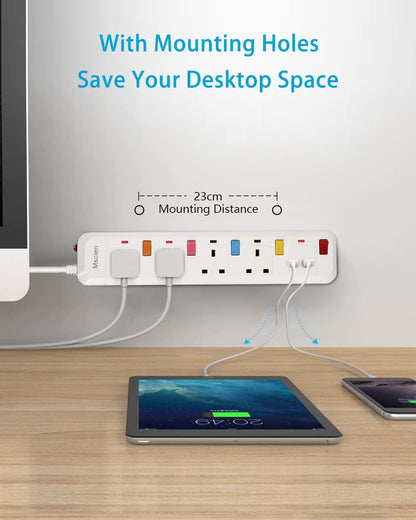 3M 4Gang Extension Lead with USB Slots (2 USB-A), with Individually Switched