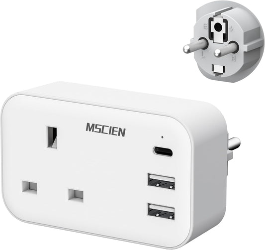 UK to European Plug Adapter with 3 USB, Travel Adapter Plug UK to EU Europe, Euro Schuko Grounded Charger for Germany France Spain Turkey Greece Iceland, Type E/F Plug Adaptor