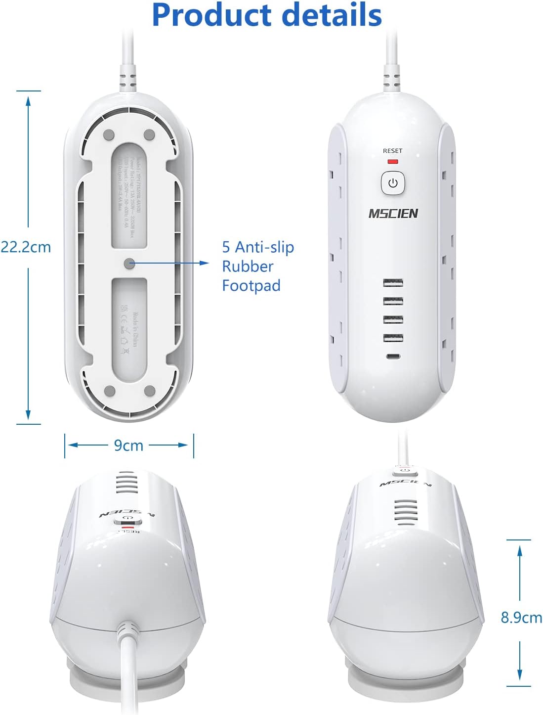 3M 6Gang Extension Lead with USB Slots (1 USB- C and 4 USB-A Port), Overload Protection, Surge Protection