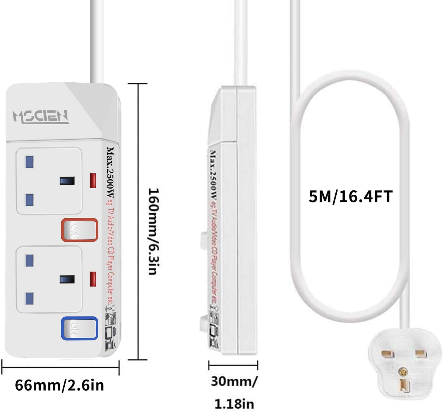 5M 2Gang Extension Lead with Individual Switches, Wall Mount