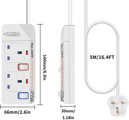 5M 2Gang Extension Lead with Individual Switches, Wall Mount