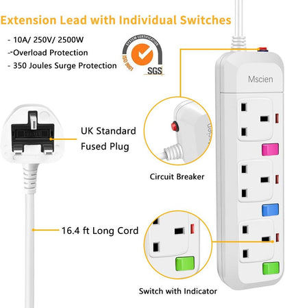 5M 3Gang Extension lead with Individually Switched, Mountable, Surge Protected