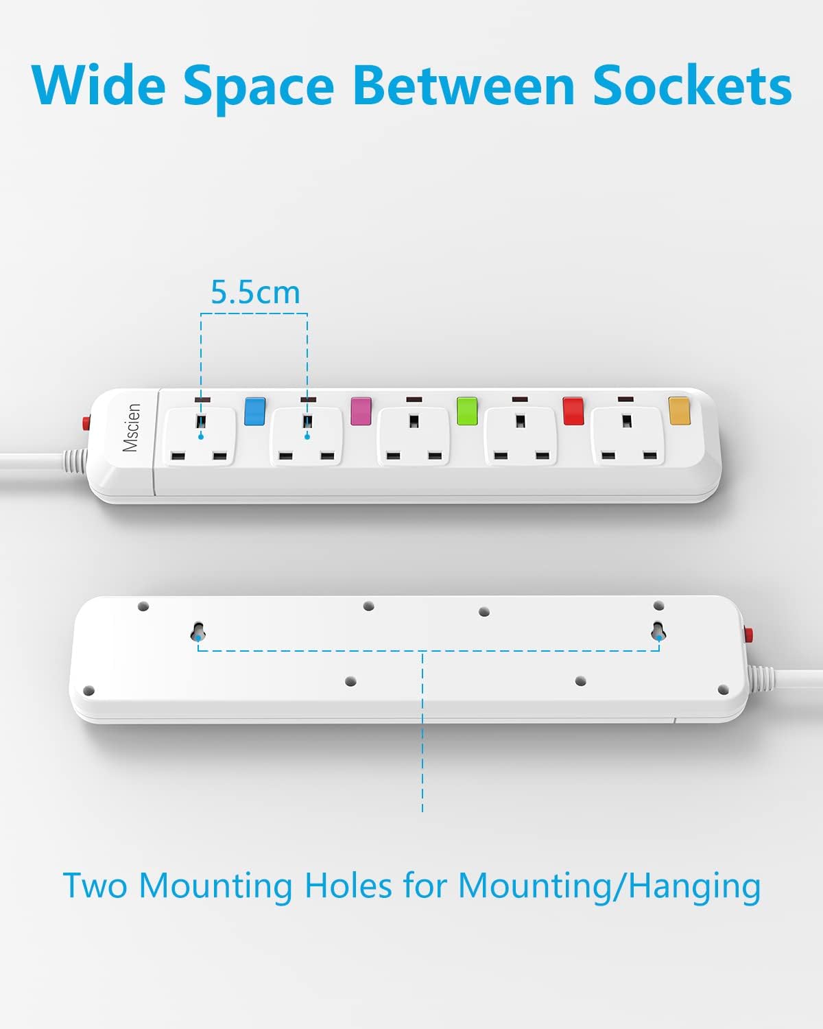 1.8M 5Gang Extension Lead with Individually Switched, Surge Protected, Wall Mountable