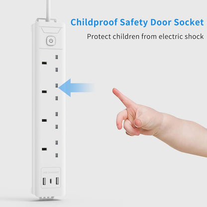 5M 4Gang Extension Lead with 3 USB Slots (1 USB C), Wall Mount