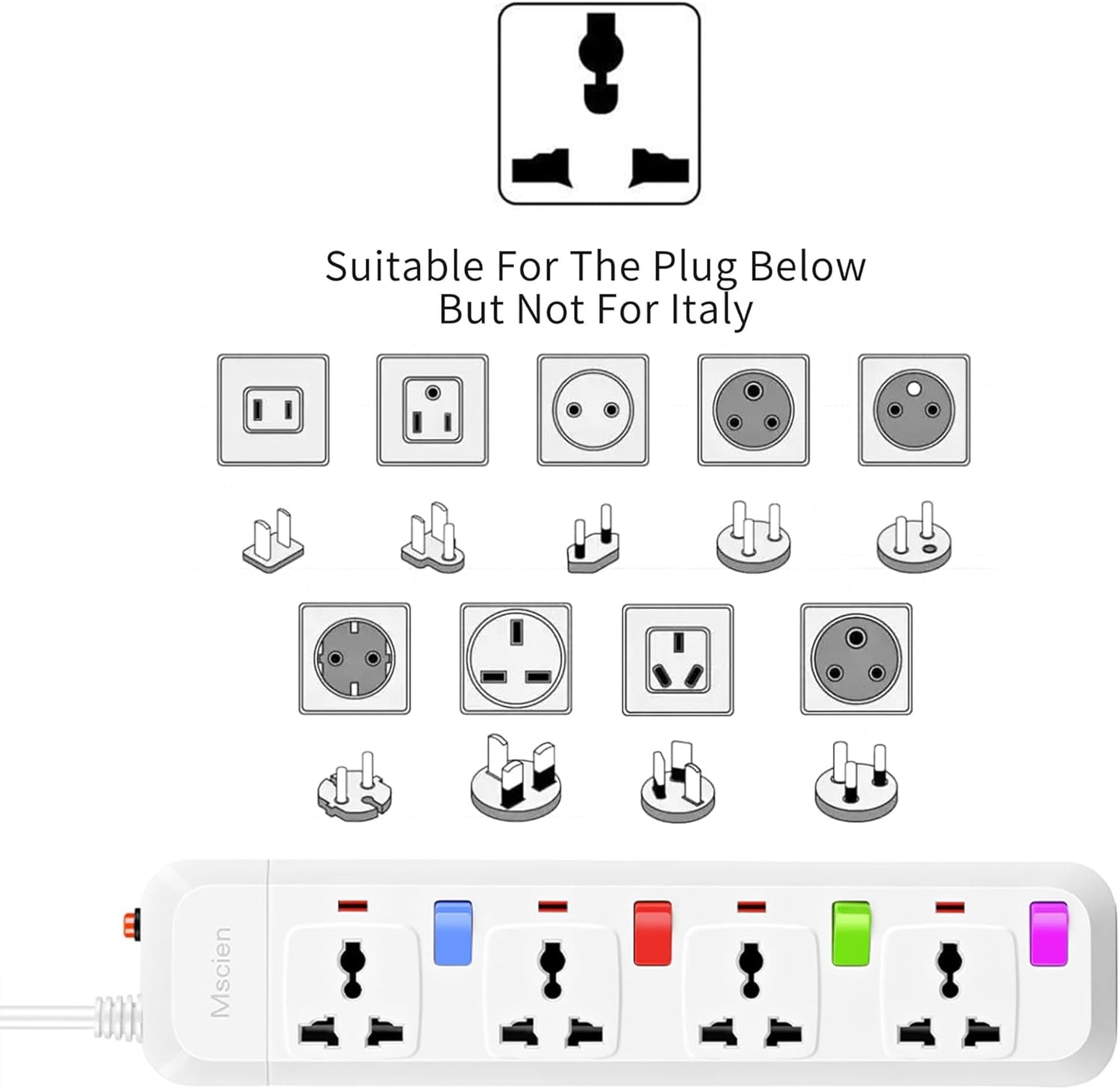 UK to EU Travel 1.8M 4 Gang Extension Lead with 4 Individually Switches, Overload Protector