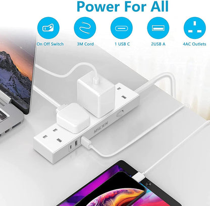 3M 4Gang Extension Lead With 1 USB-C And 2 USB-A Ports, Overload Protection