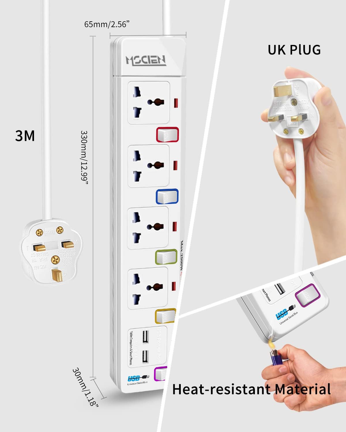 3M 4Gang Extension Lead with 2 USB-A, with Individual Switches, Wall Mountable