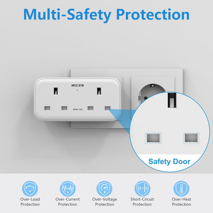 UK to European 2Gang Travel Plug Adaptor with 3 USB-A, Type E/F for Germany France Spain Turkey Greece