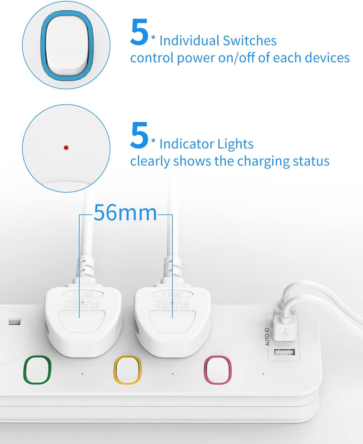 1.8M 4Gang Extension Lead with 3 USB-A Slots, with Individual Switches, Mountable, Overload Ptotection