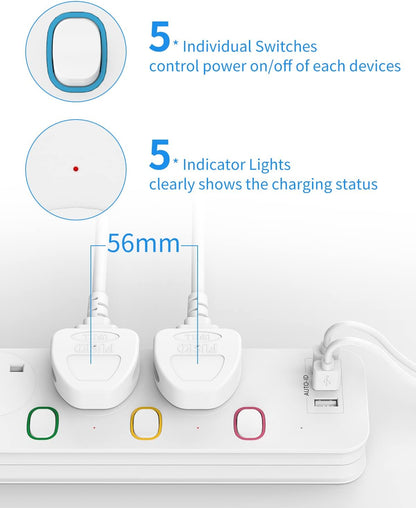 1.8M 4Gang Extension Lead with 3 USB-A Slots, with Individual Switches, Mountable, Overload Ptotection