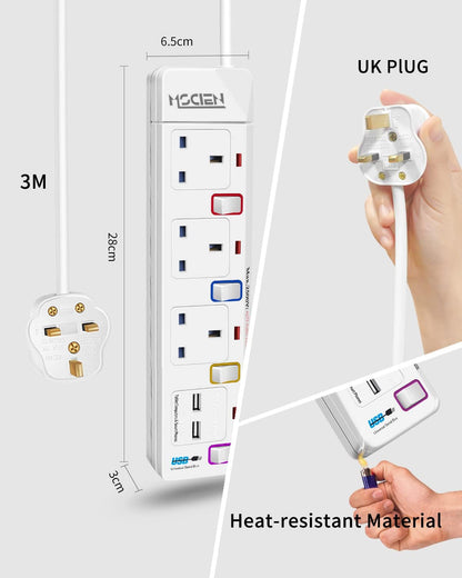 3M 3Gang Extension Lead with 2 USB-A Slots, with Individual Switches, Mountable