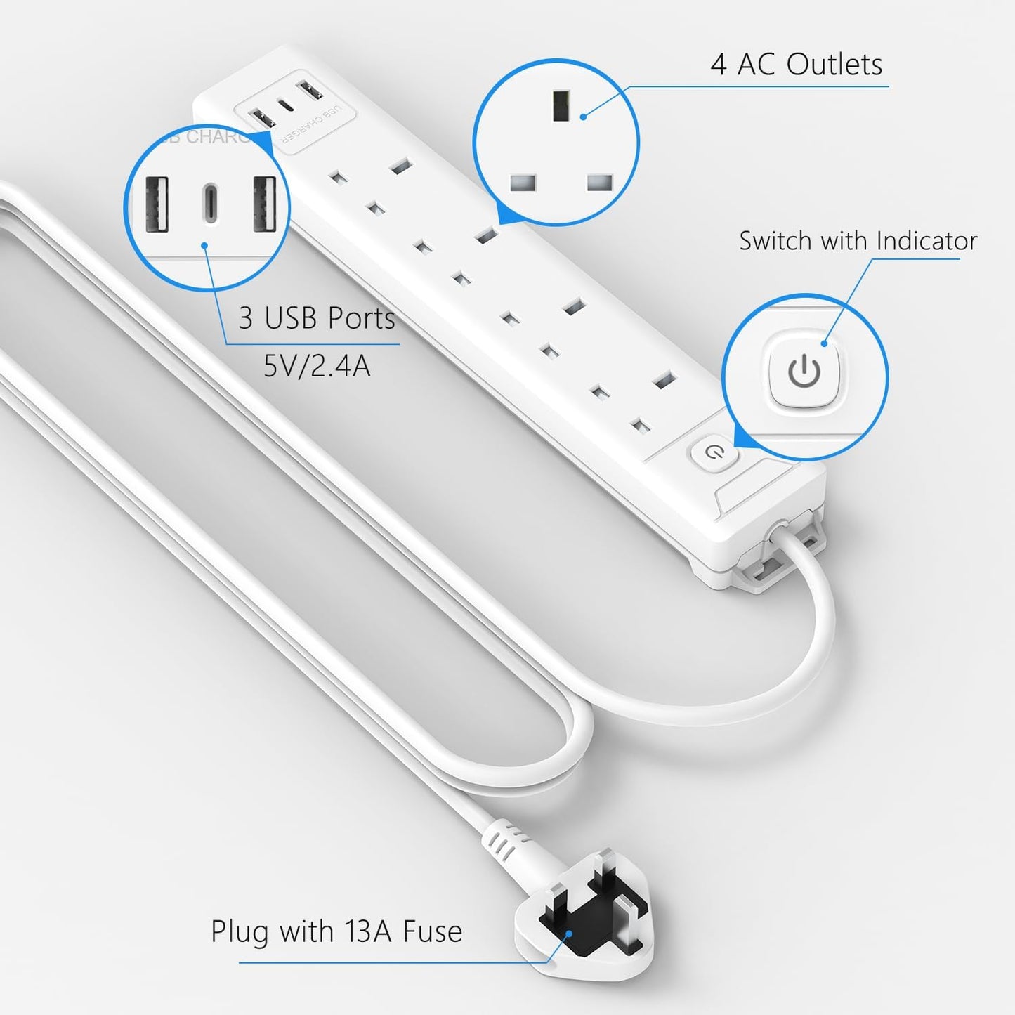 5M 4Gang Extension Lead with 3 USB Slots (1 USB C), Wall Mount