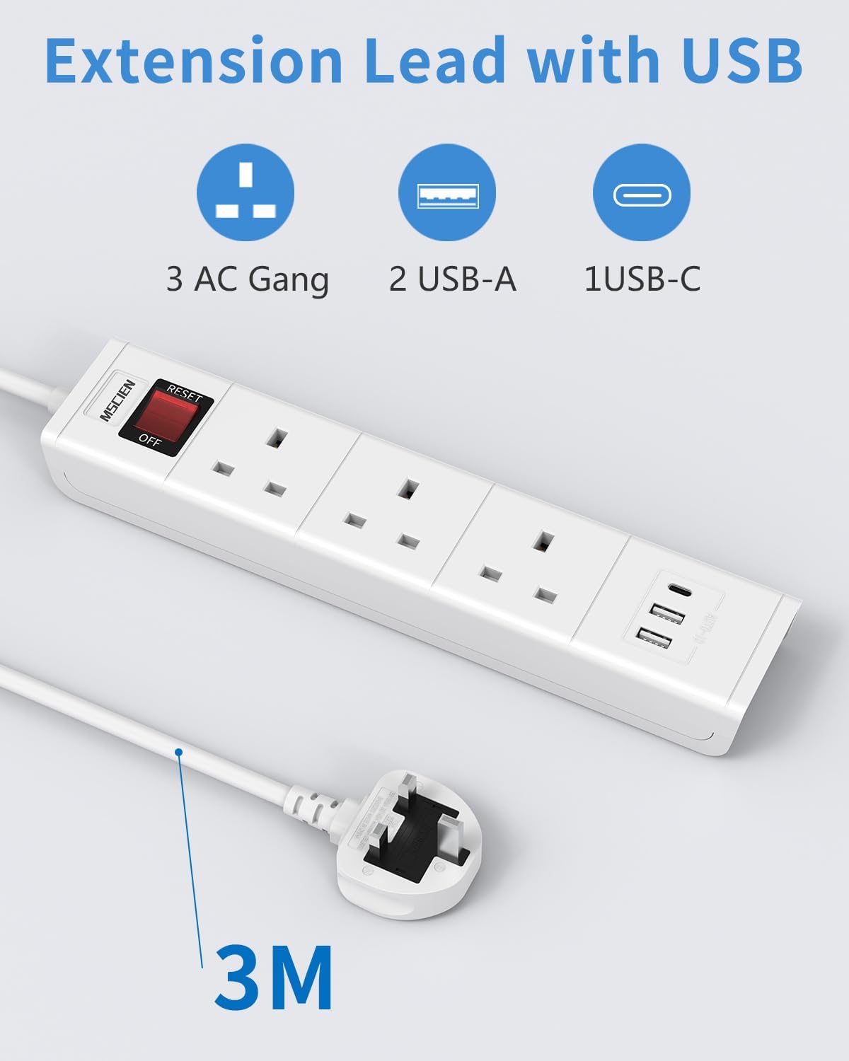 3M 3Gang Extension Lead with USB Slots (2 USB-A, 1 USB-C),Overload Protect Switch