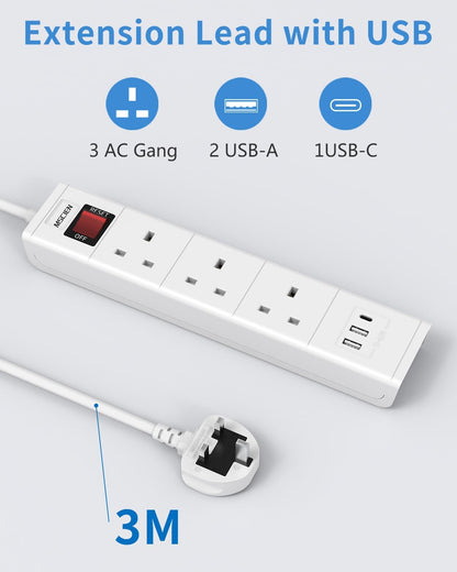 3M 3Gang Extension Lead with USB Slots (2 USB-A, 1 USB-C),Overload Protect Switch