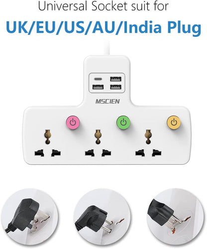 UK To EU Travel 5CM 3Gang Extension Lead with 3 USB-A and 1 USB-C, with Individual Switched