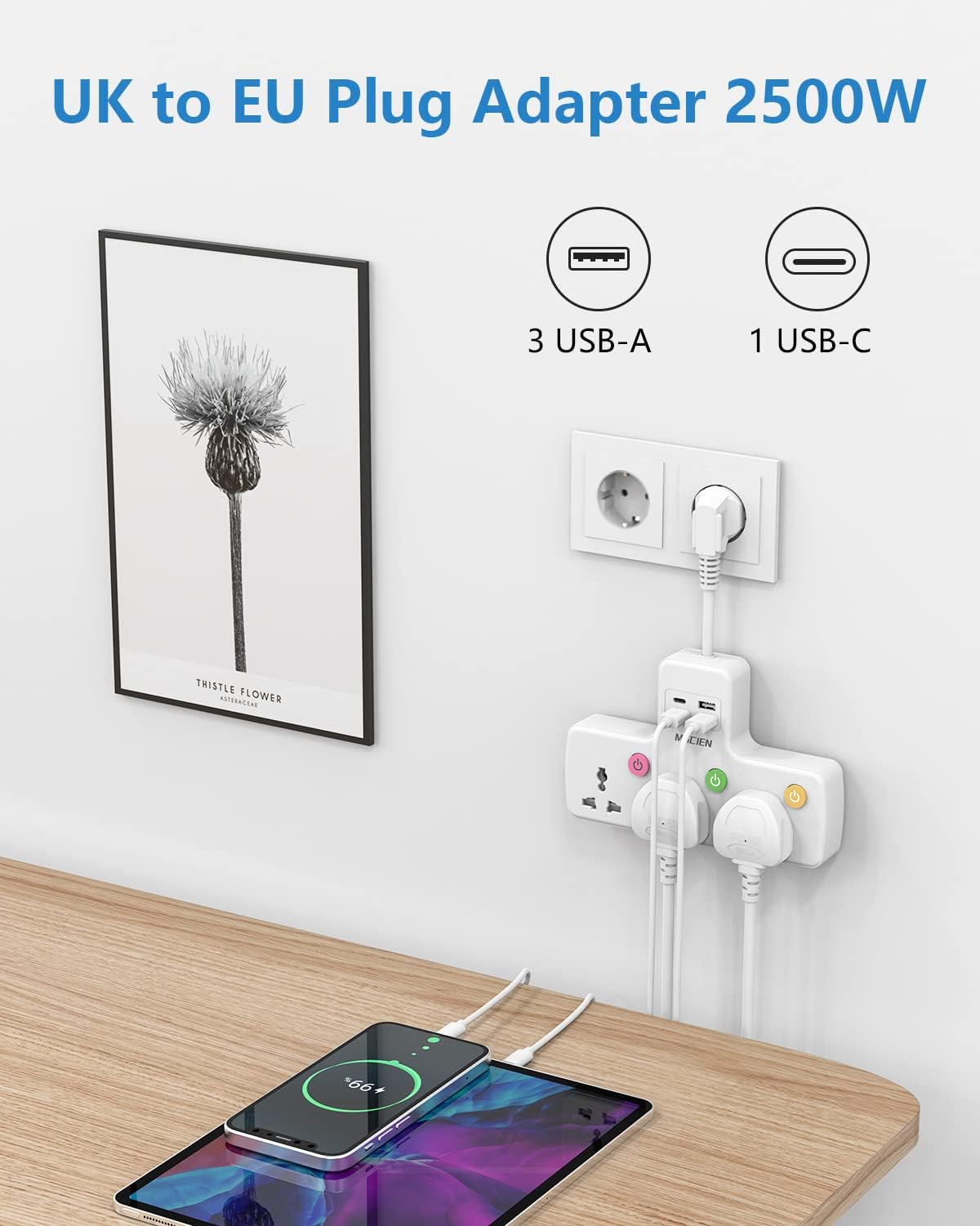 UK To EU Travel 5CM 3Gang Extension Lead with 3 USB-A and 1 USB-C, with Individual Switched