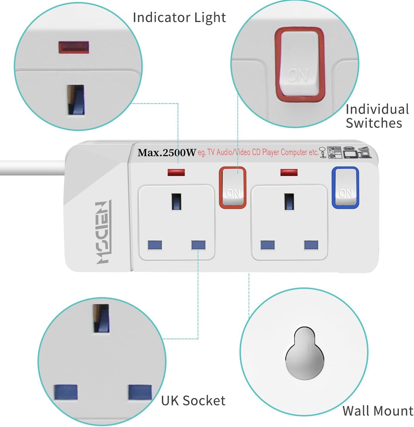 5M 2Gang Extension Lead with Individual Switches, Wall Mount