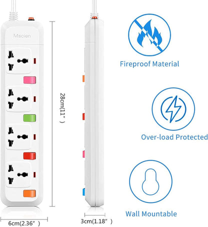 1.8M 4Gang Extension Lead with Switches, Wall Mount, Overload Protection