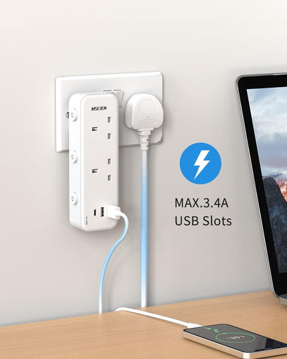 2Gang Plug Adaptor with USB (1 USB-C, 2 USB-A), with Individually Switched (Blue Indicator)